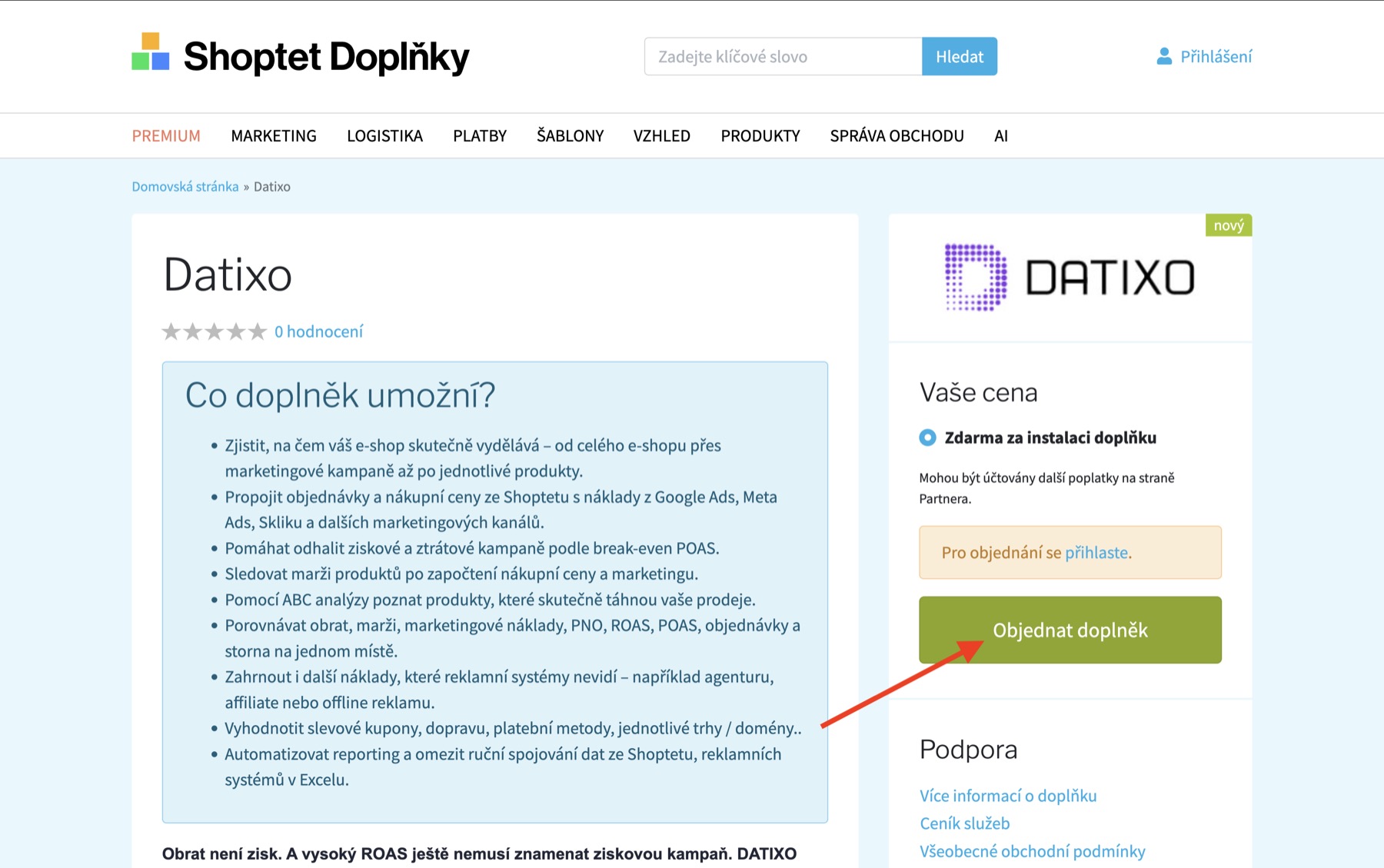 Objednání doplňku DATIXO v Shoptet Doplňcích