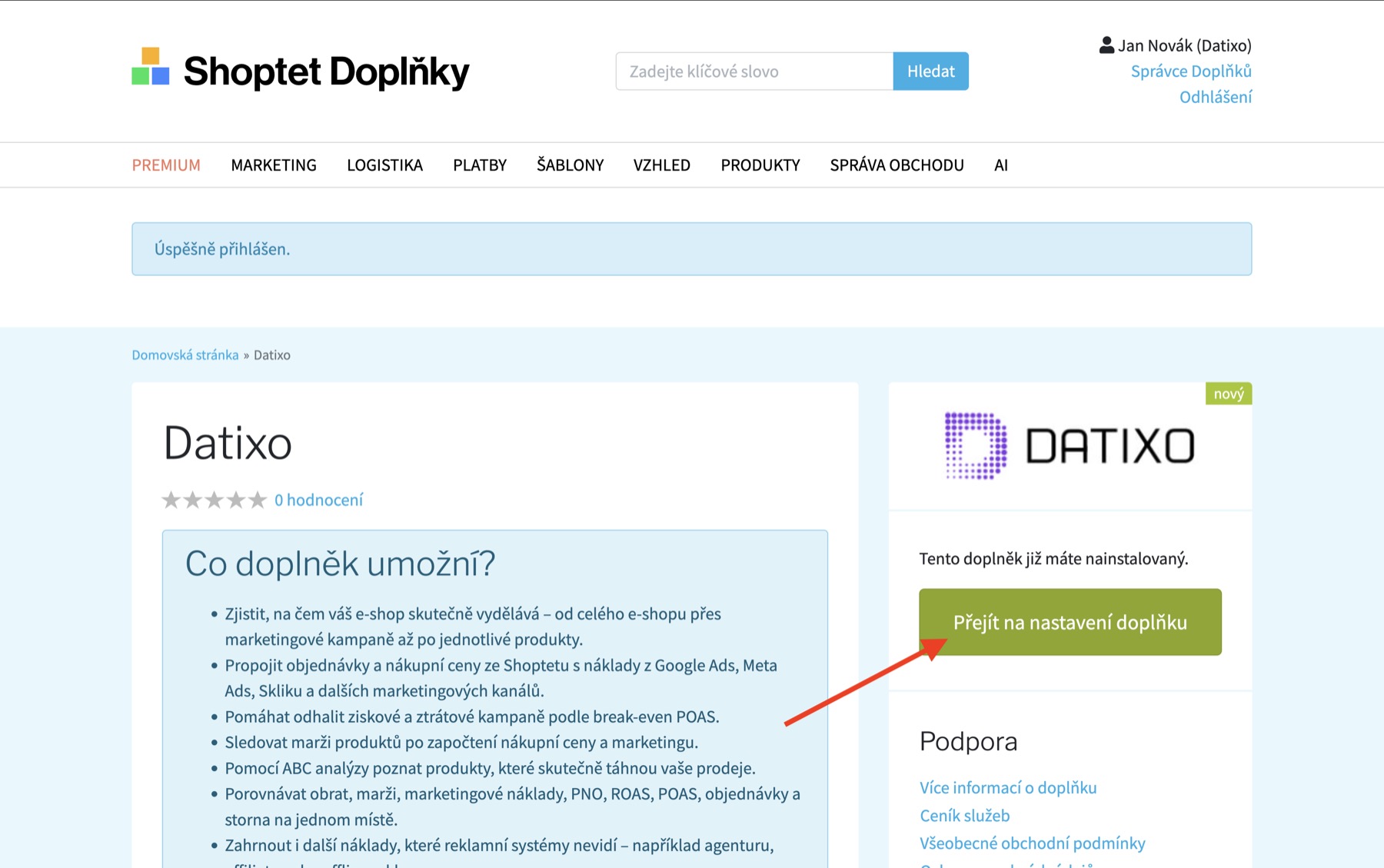 Přechod z Shoptetu do nastavení doplňku DATIXO