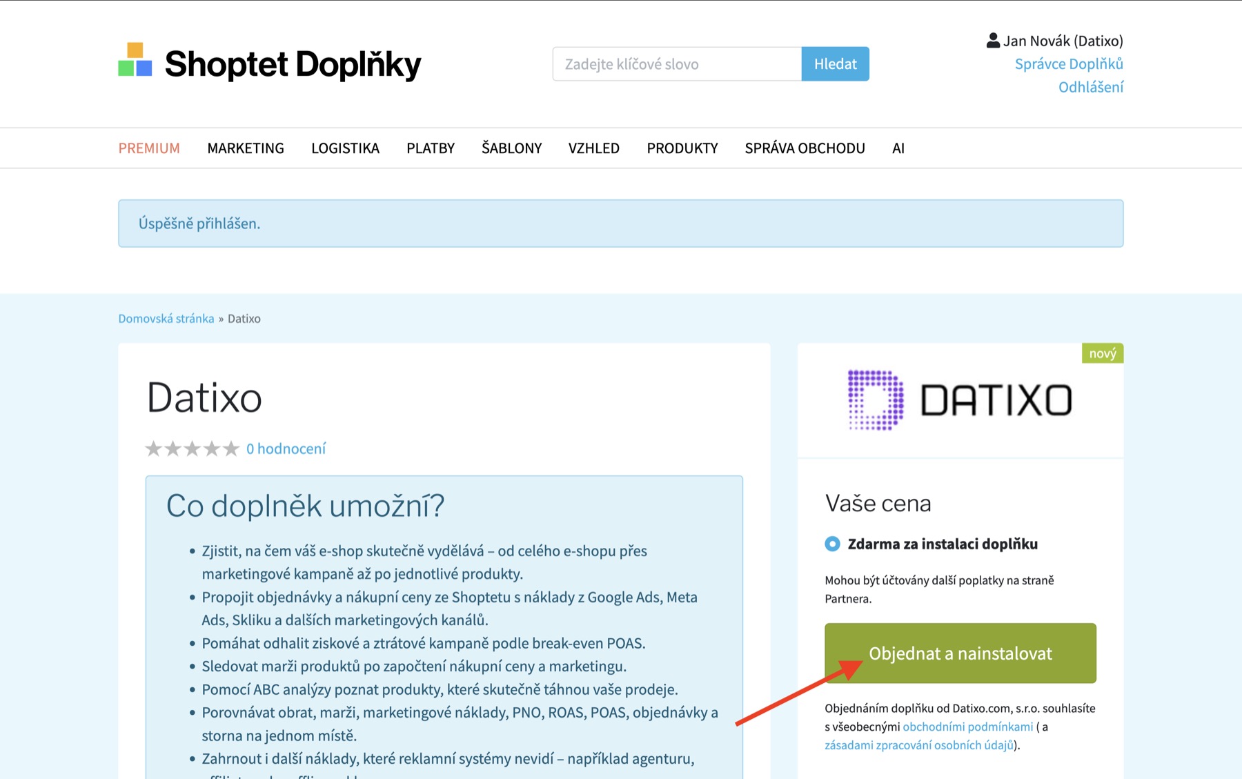 Potvrzení instalace doplňku DATIXO v Shoptetu