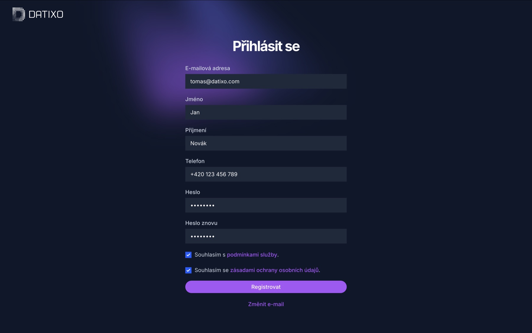 Registrační formulář pro nové uživatele DATIXO