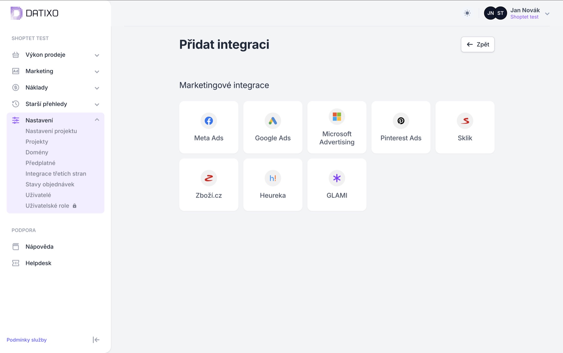 Výběr marketingové integrace v DATIXO
